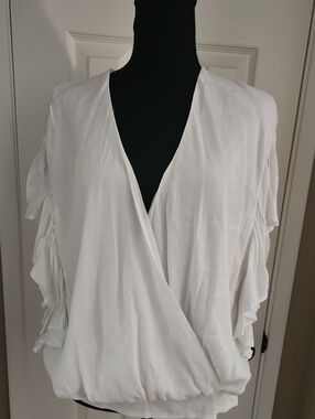 Express White Wrap Front Ruffle Sleeve Blouse